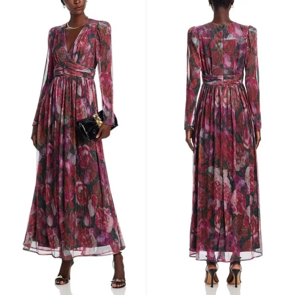Aqua Burgundy and Pink Long-Sleeve Floral Maxi Dress